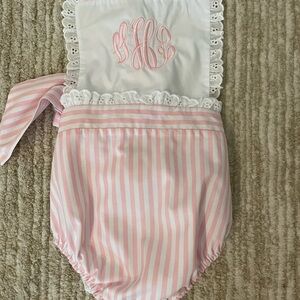 The Beaufort Bonnet Company Pink and White Striped Romper VHL